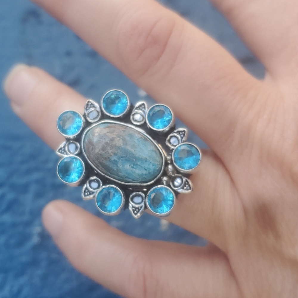 New Blue Apatite & Blue Topaz 925 Silver Statement Ring. - Picture 7 of 14